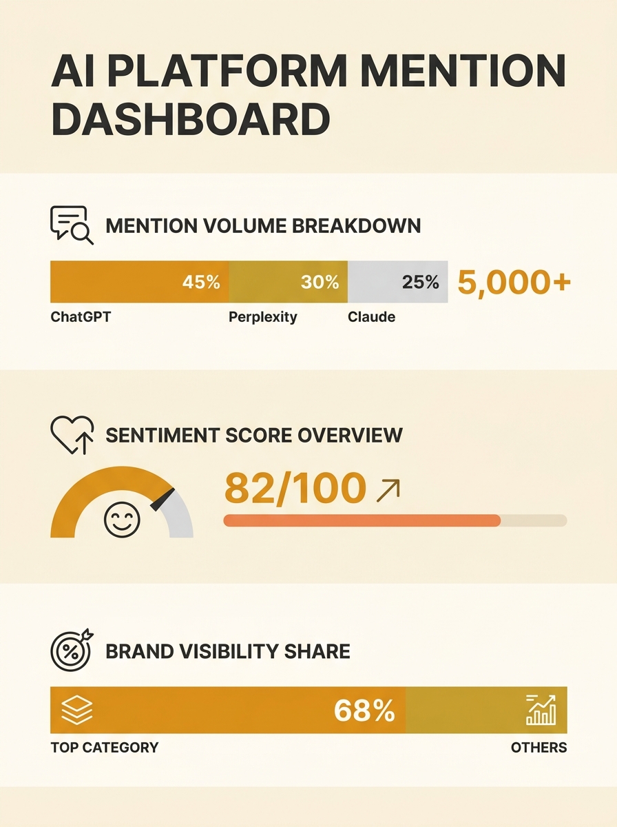 Dashboard interface showing AI platform mention tracking across ChatGPT, Perplexity, and Claude with sentiment scores and brand visibility percentages organized by prompt category
