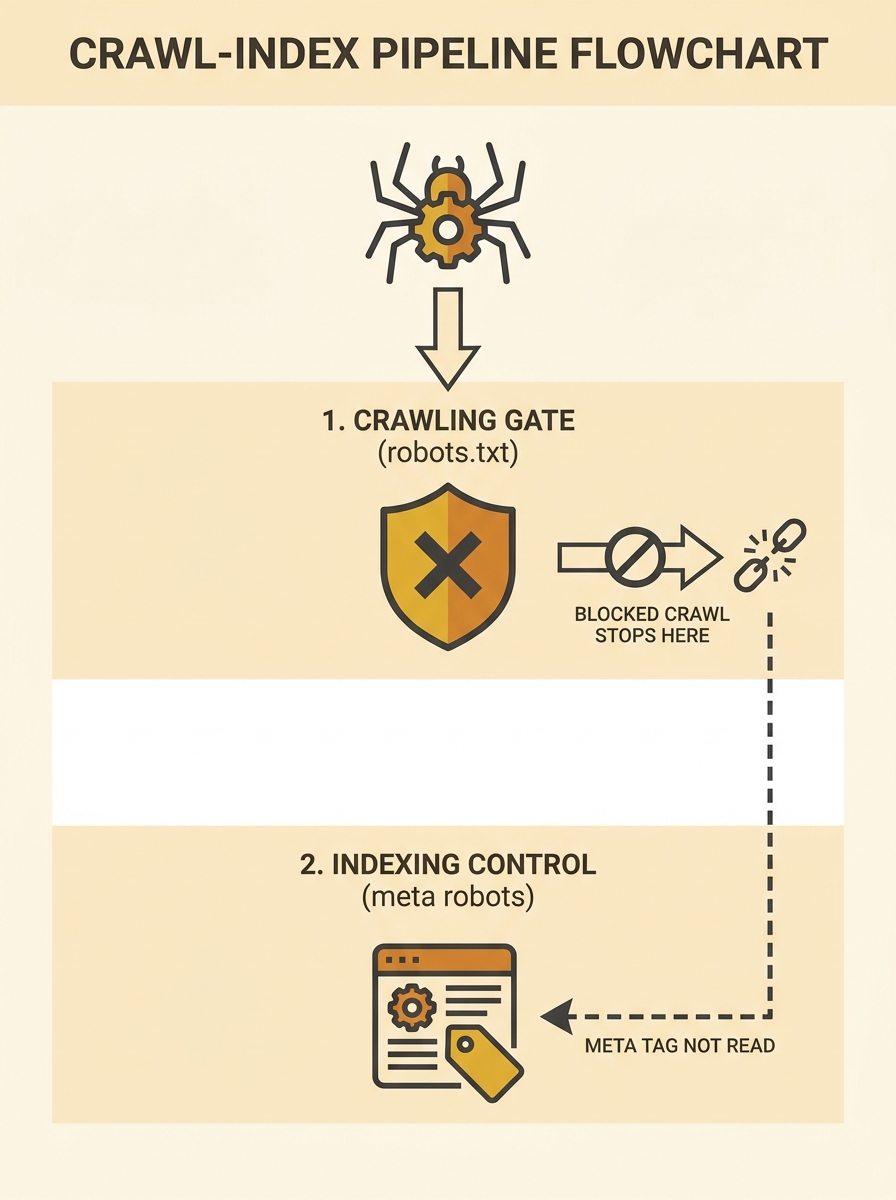 infographic showing the two-layer crawl-index pipeline as a flowchart, with robots.txt acting as a gate at stage 1 (crawling) and meta robots acting at stage 2 (indexing), with arrows showing how a bl