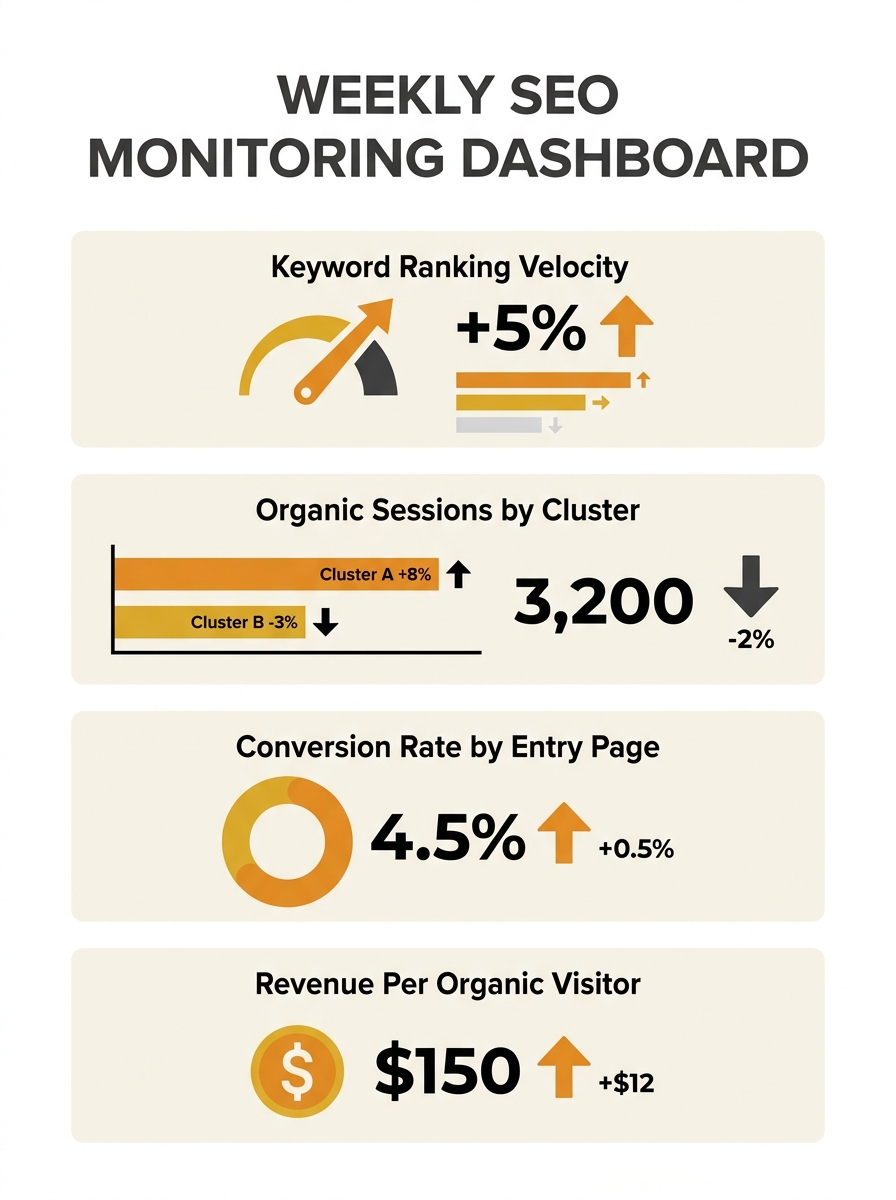 an infographic showing a weekly SEO monitoring dashboard with four metric panels: keyword ranking velocity, organic sessions by cluster, conversion rate by entry page, and revenue per organic visitor,