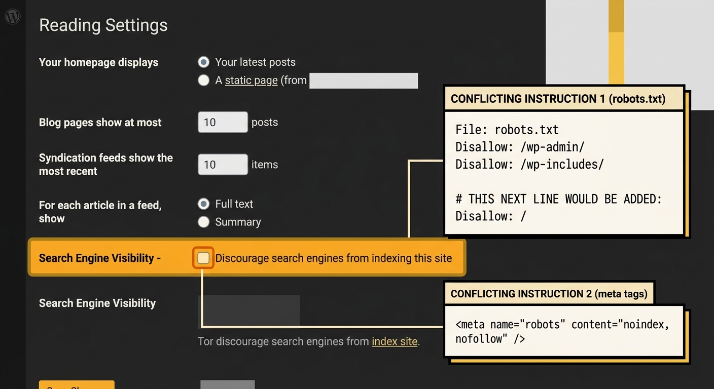 screenshot-style illustration of the WordPress Settings Reading page with the "Search Engine Visibility" checkbox highlighted, with annotations showing the two conflicting instructions it creates in r
