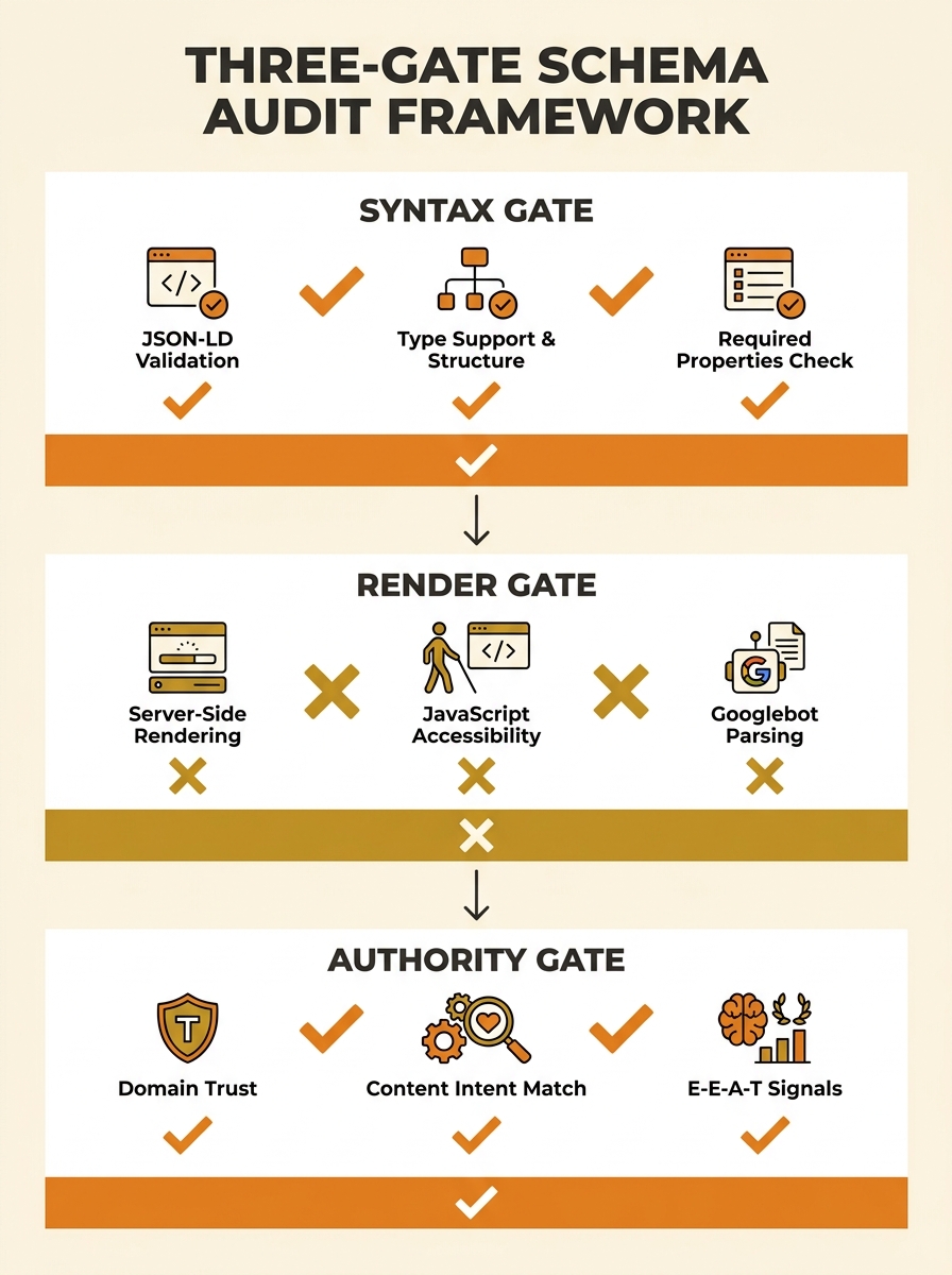An infographic showing the Three-Gate Schema Audit framework with three columns — Syntax Gate (JSON-LD validation, type support, required properties), Render Gate (server-side rendering, JavaScript ac