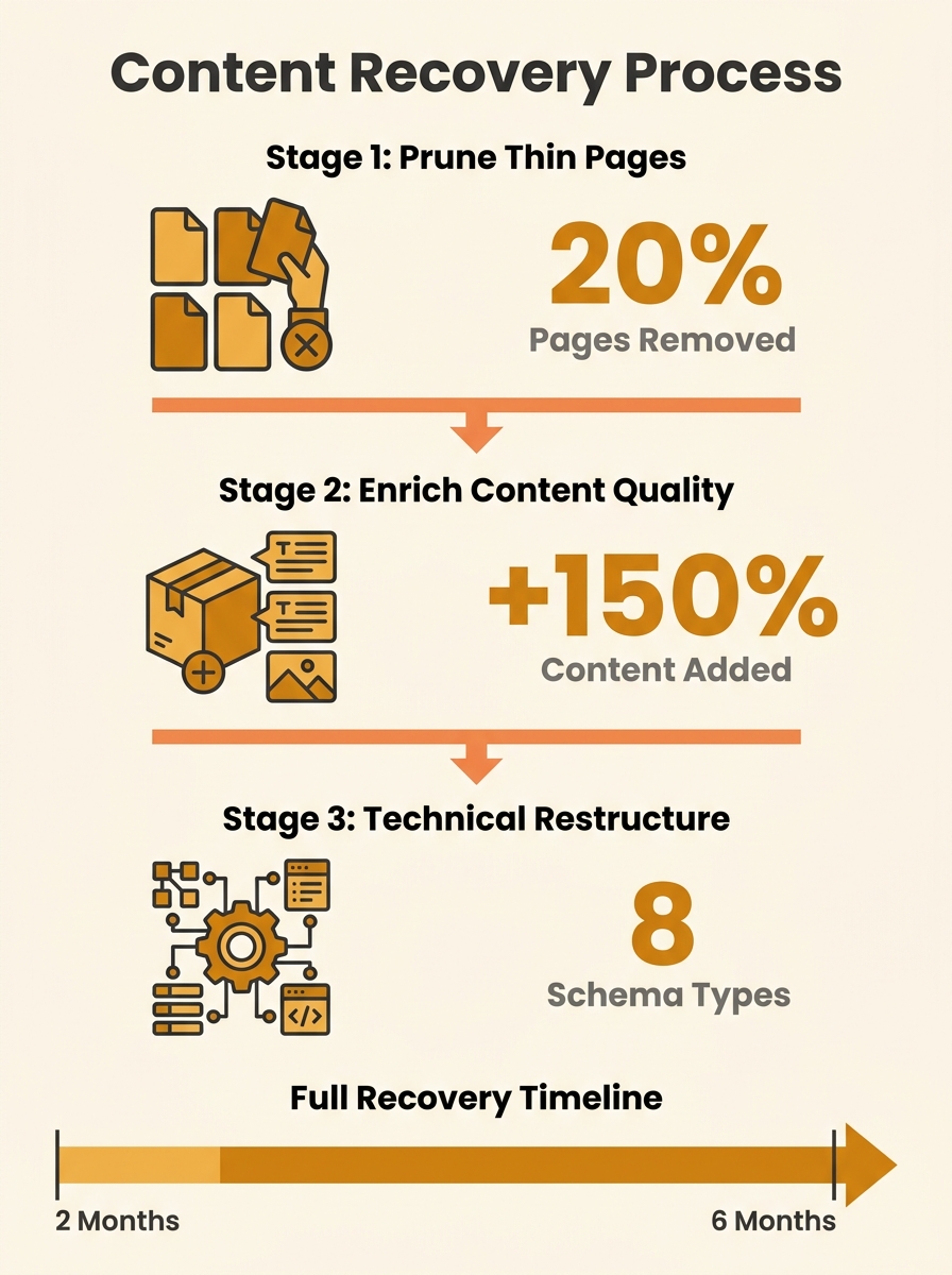 infographic showing the three-stage e-commerce content recovery process with Stage 1 Prune showing thin pages being removed, Stage 2 Enrich showing content being added to product and category pages, a