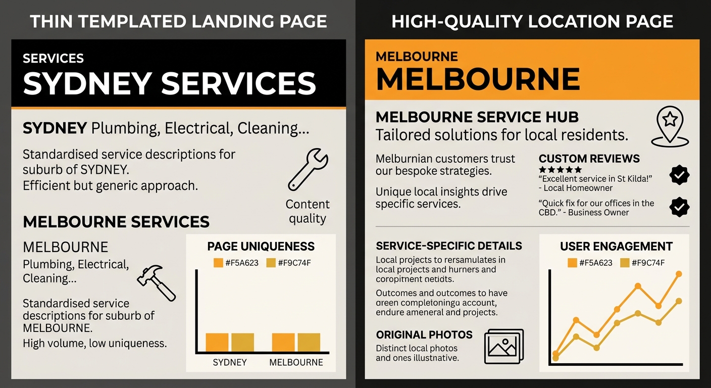 comparison showing a thin templated landing page with only suburb name changed versus a high-quality location page with unique local reviews, service-specific details, and original photos