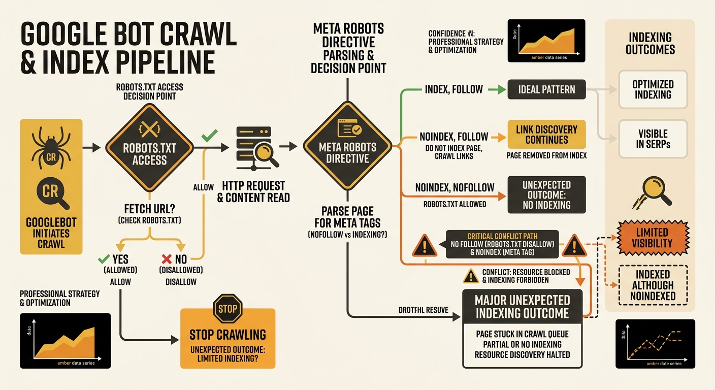 Flowchart showing the Google crawl-index pipeline with two decision points for robots.txt access and meta robots directives, illustrating how conflicts between the two produce unexpected indexing outc