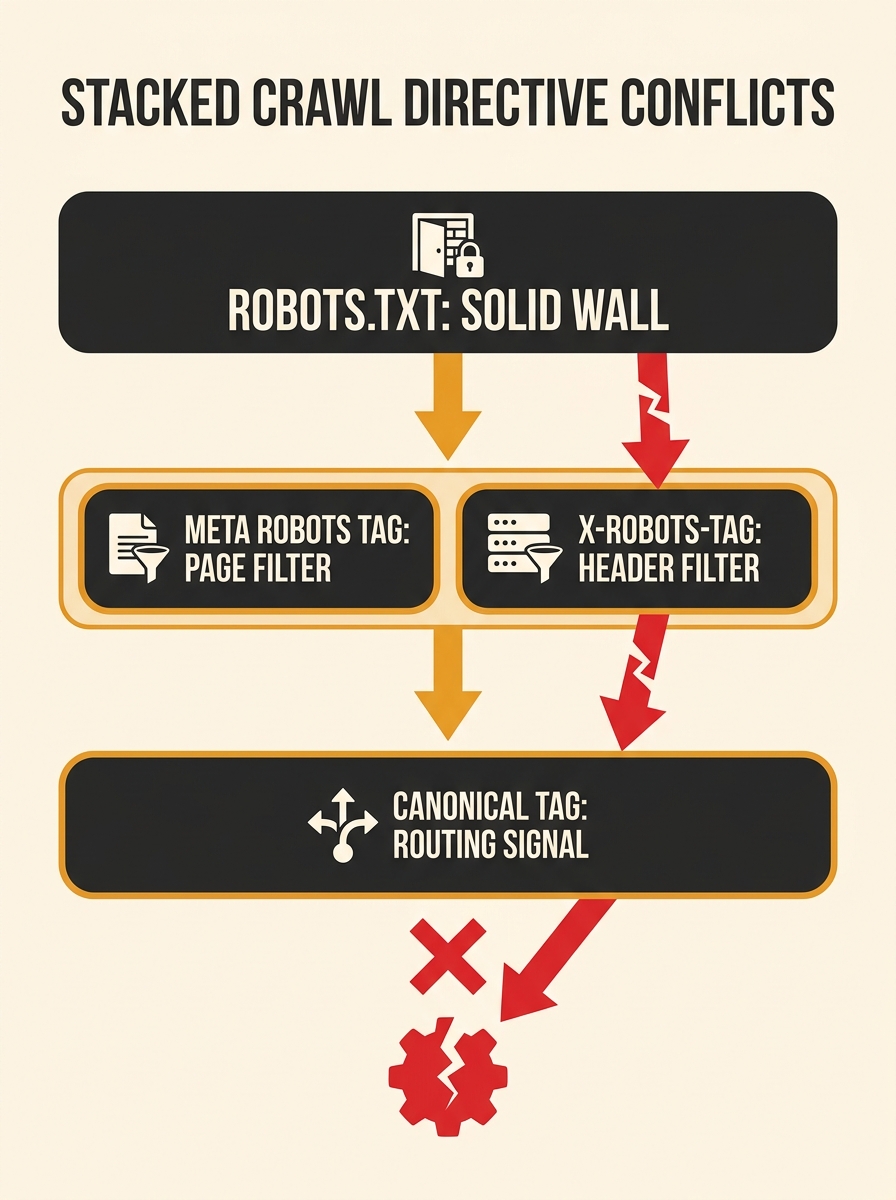 Infographic showing four stacked layers of crawl directives — robots.txt at the top as a solid wall, meta robots tags and X-Robots-Tag as filters in the middle, and canonical tags at the bottom as rou