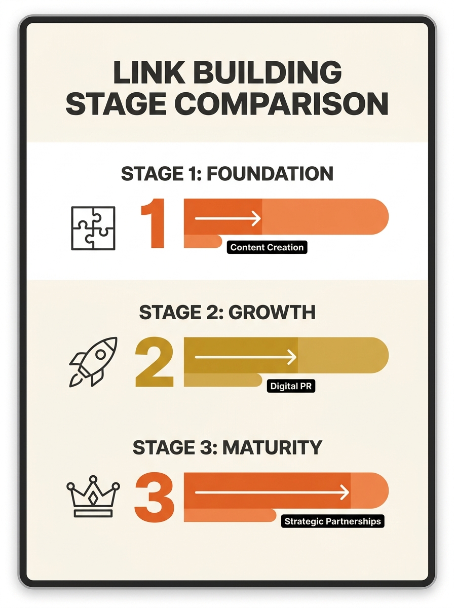 Screenshot showing comparison table of link building approaches for different business maturity stages