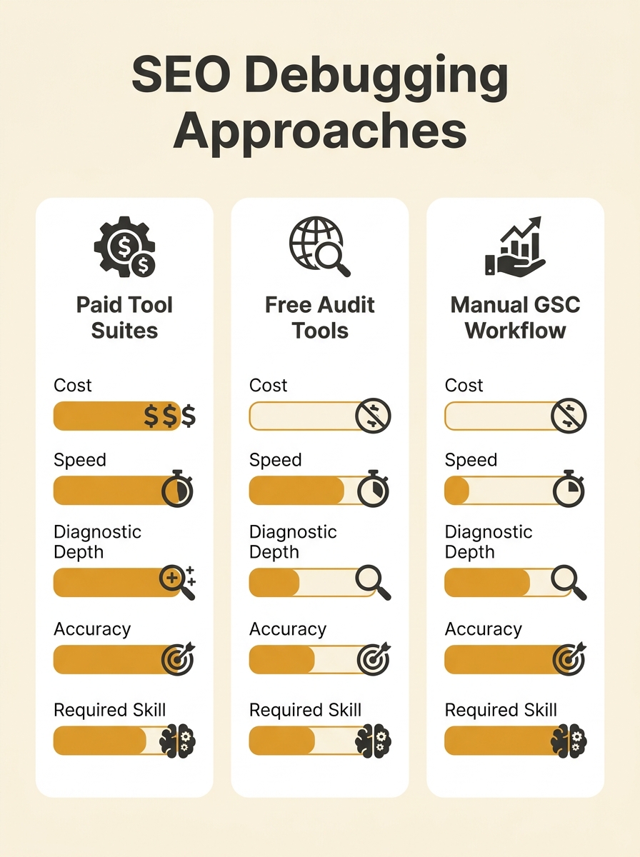 Infographic comparing three SEO debugging approaches side by side - paid tool suites, free audit tools, and manual GSC workflow - with visual ratings for cost, speed, diagnostic depth, accuracy, and r