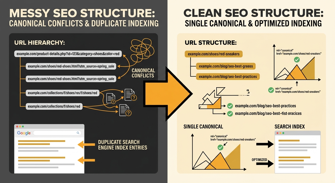 a before-and-after comparison showing a messy URL structure with multiple canonical conflicts on the left, arrows pointing to duplicate index entries, and a clean consolidated structure on the right w