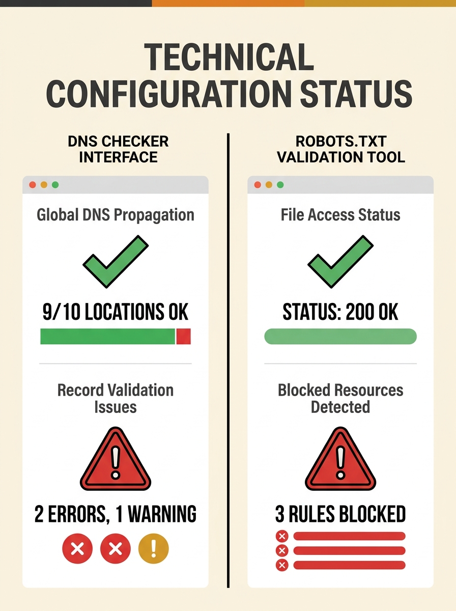 Split-screen comparison showing a DNS checker interface on the left and a robots.txt validation tool on the right, with green checkmarks indicating passing tests and red warnings highlighting configur