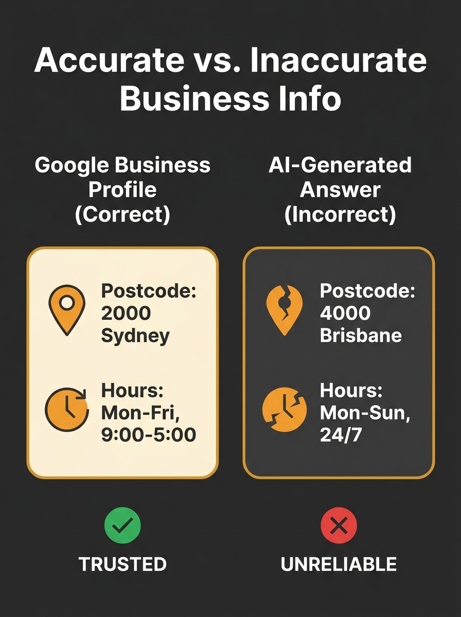 Split-screen comparison showing correct business information on Google Business Profile next to incorrect AI-generated answer with wrong postcode and hours