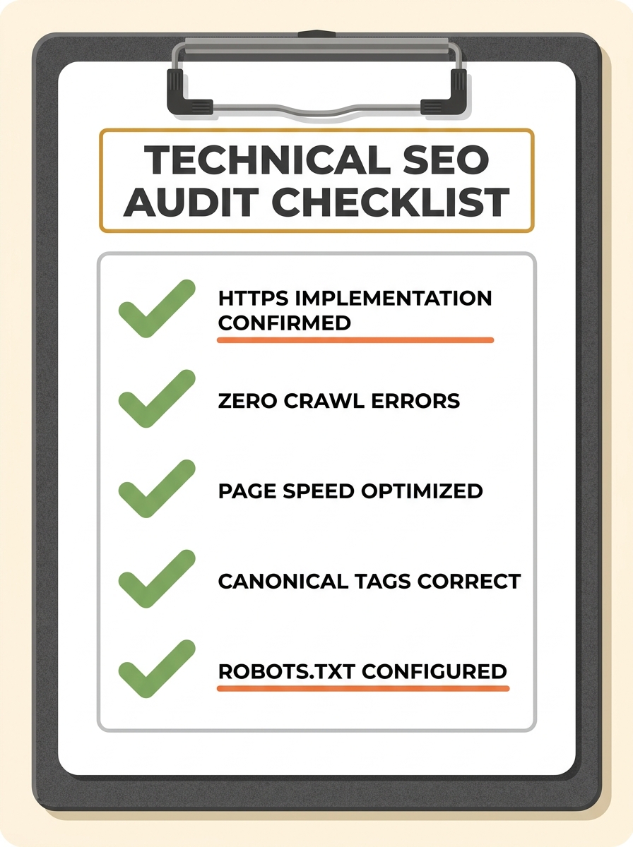 A classic technical SEO audit checklist on a clipboard showing items like HTTPS, crawl errors, page speed, canonical tags, and robots.txt — all checked off with green ticks