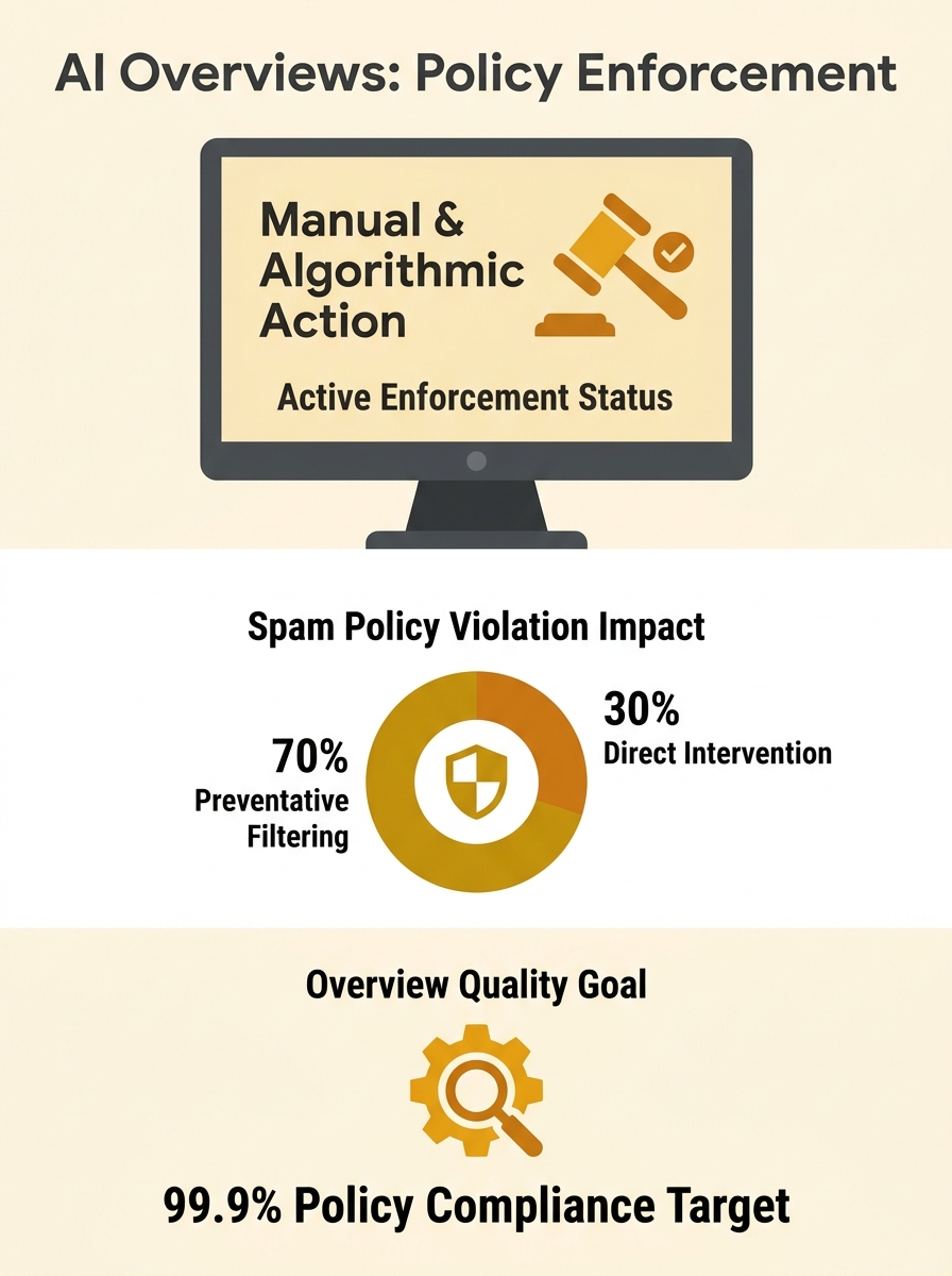 Google Search Central spam policy documentation screen showing AI Overviews enforcement language on desktop monitor