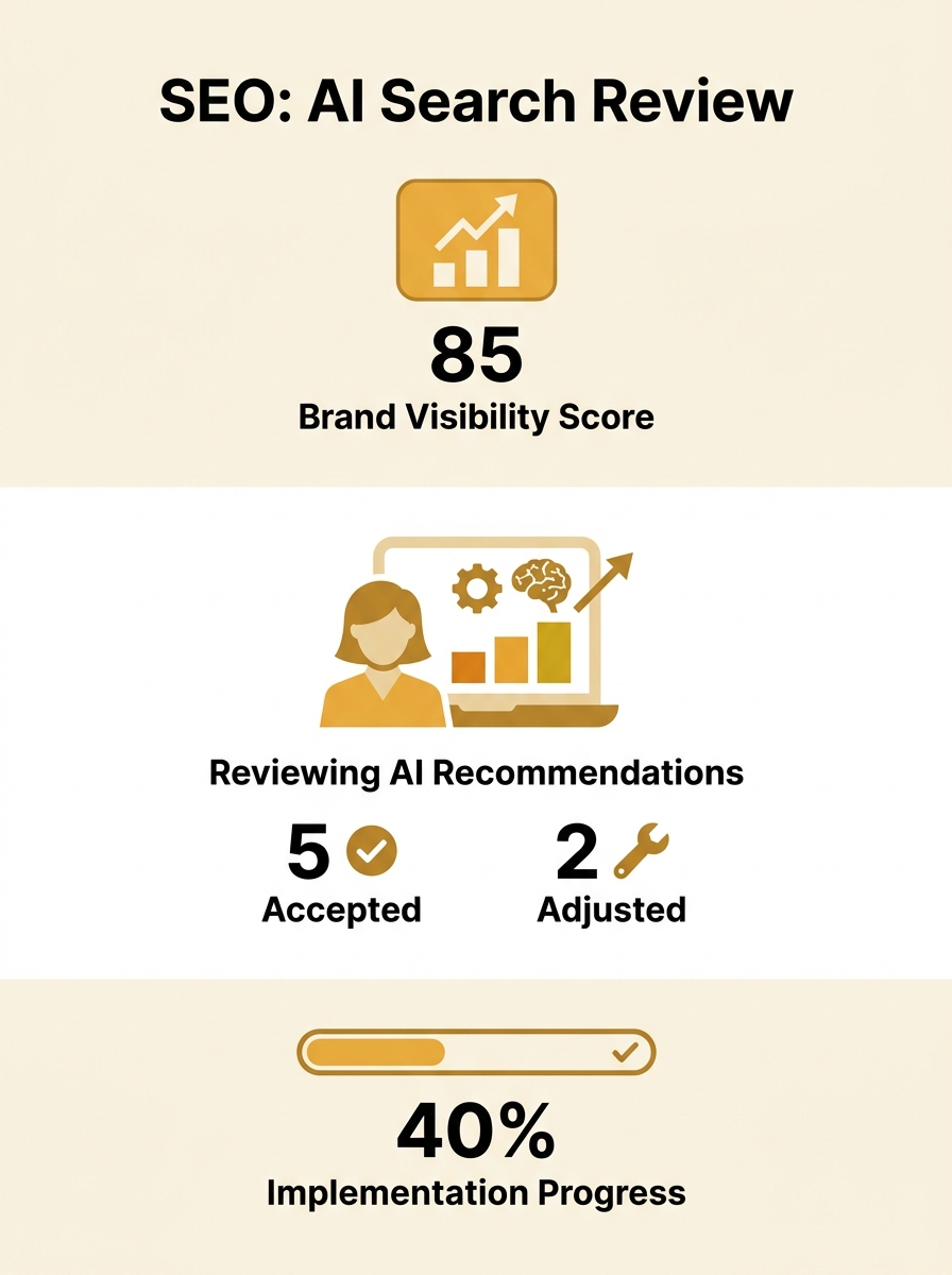 SEO professional reviewing AI search recommendations on laptop screen with brand visibility analytics dashboard visible