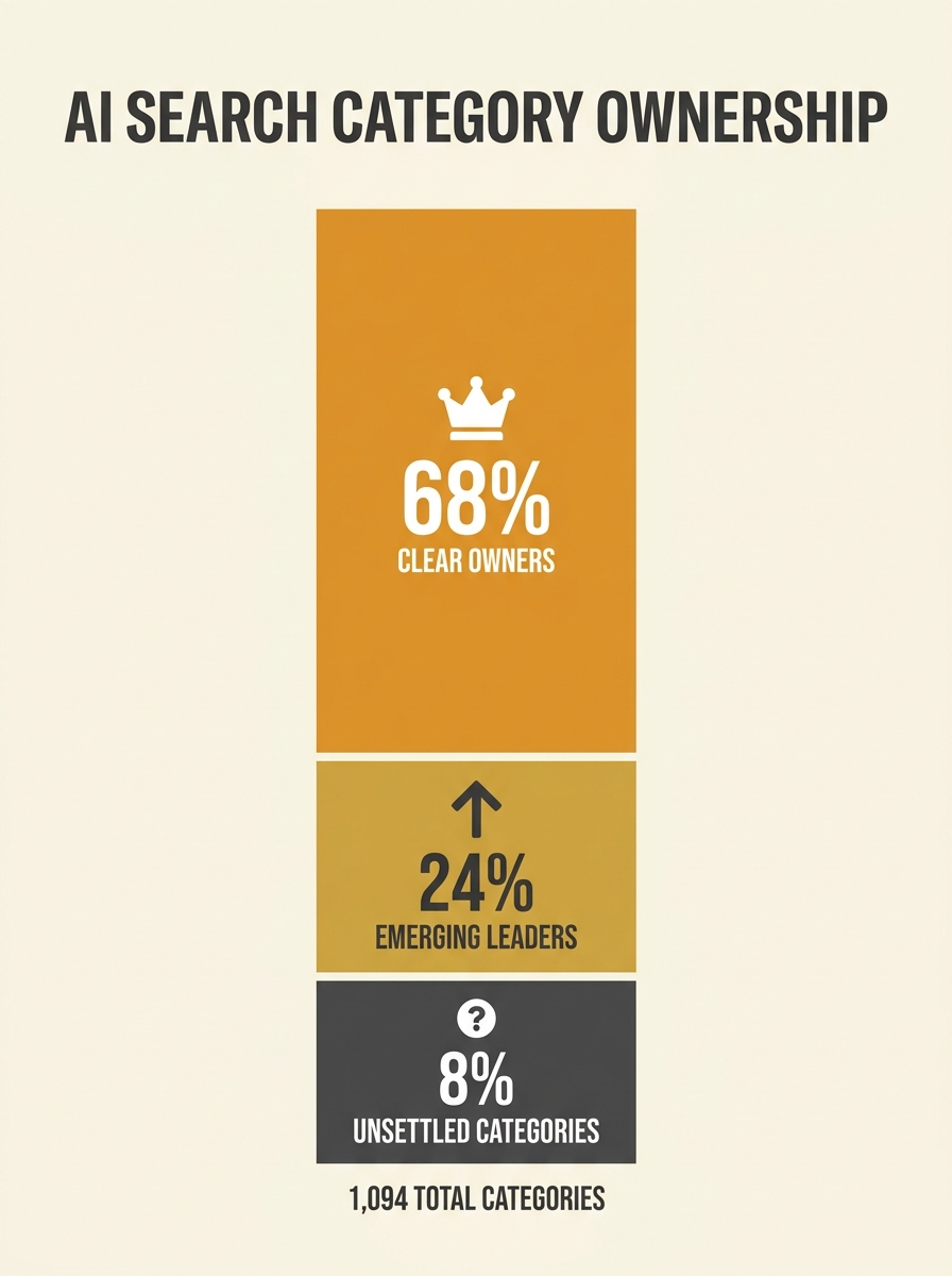 Data visualization showing AI search category ownership distribution across 1,094 categories with clear owners, emerging leaders, and unsettled categories marked