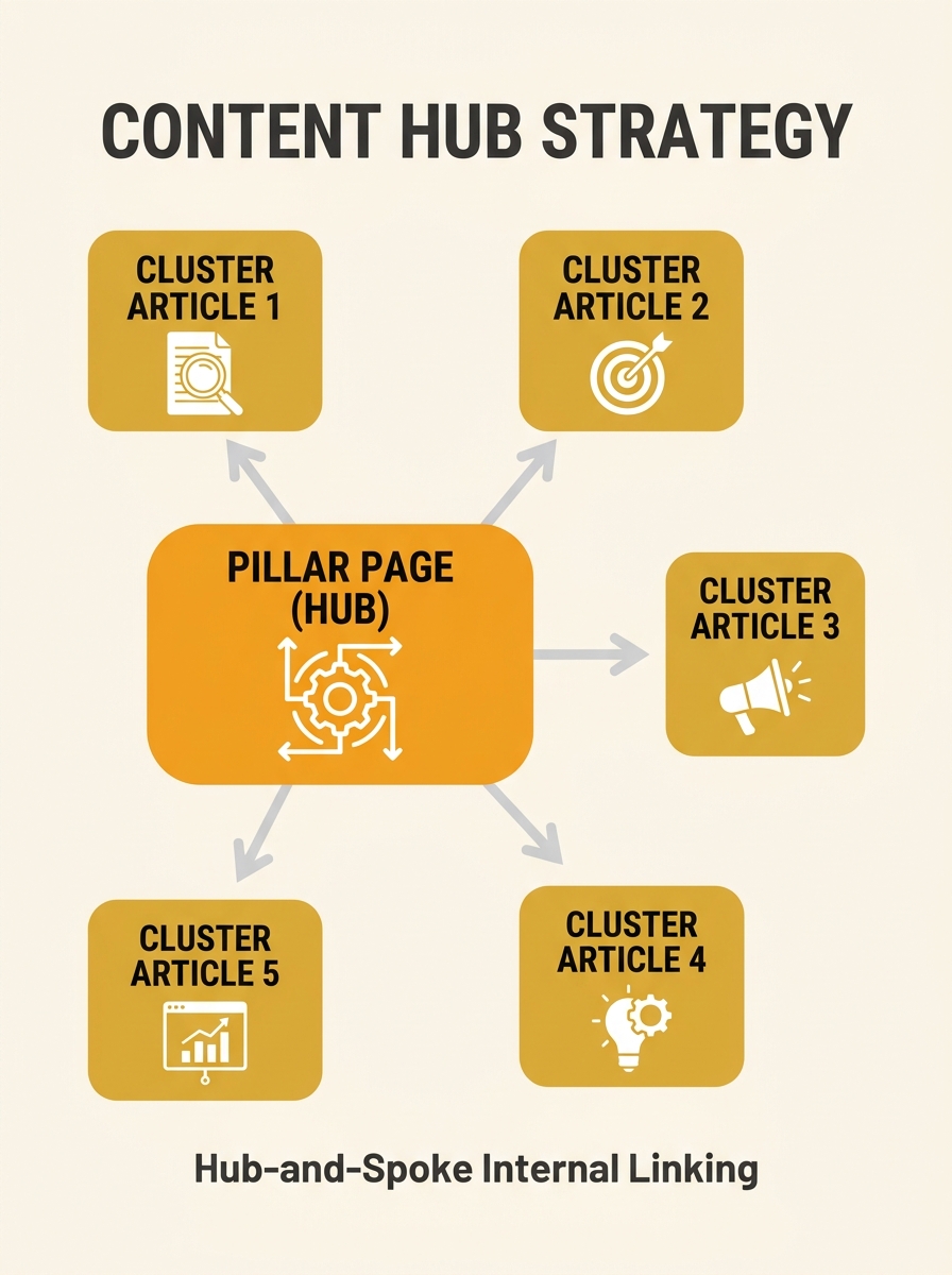 Diagram showing a central pillar page connected by internal links to five surrounding cluster article nodes in a hub-and-spoke pattern