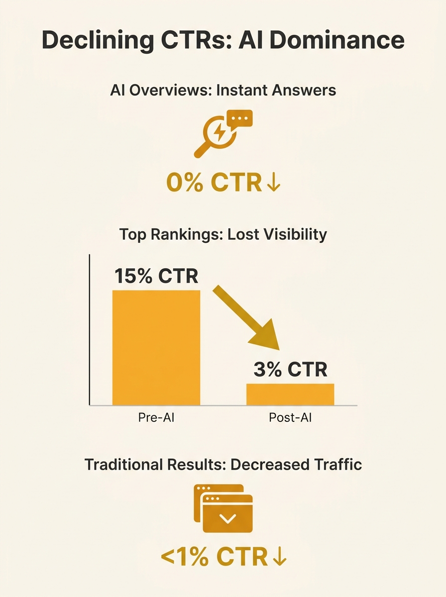 Graph showing declining click-through rates for top Google search rankings with AI Overviews displayed above traditional results