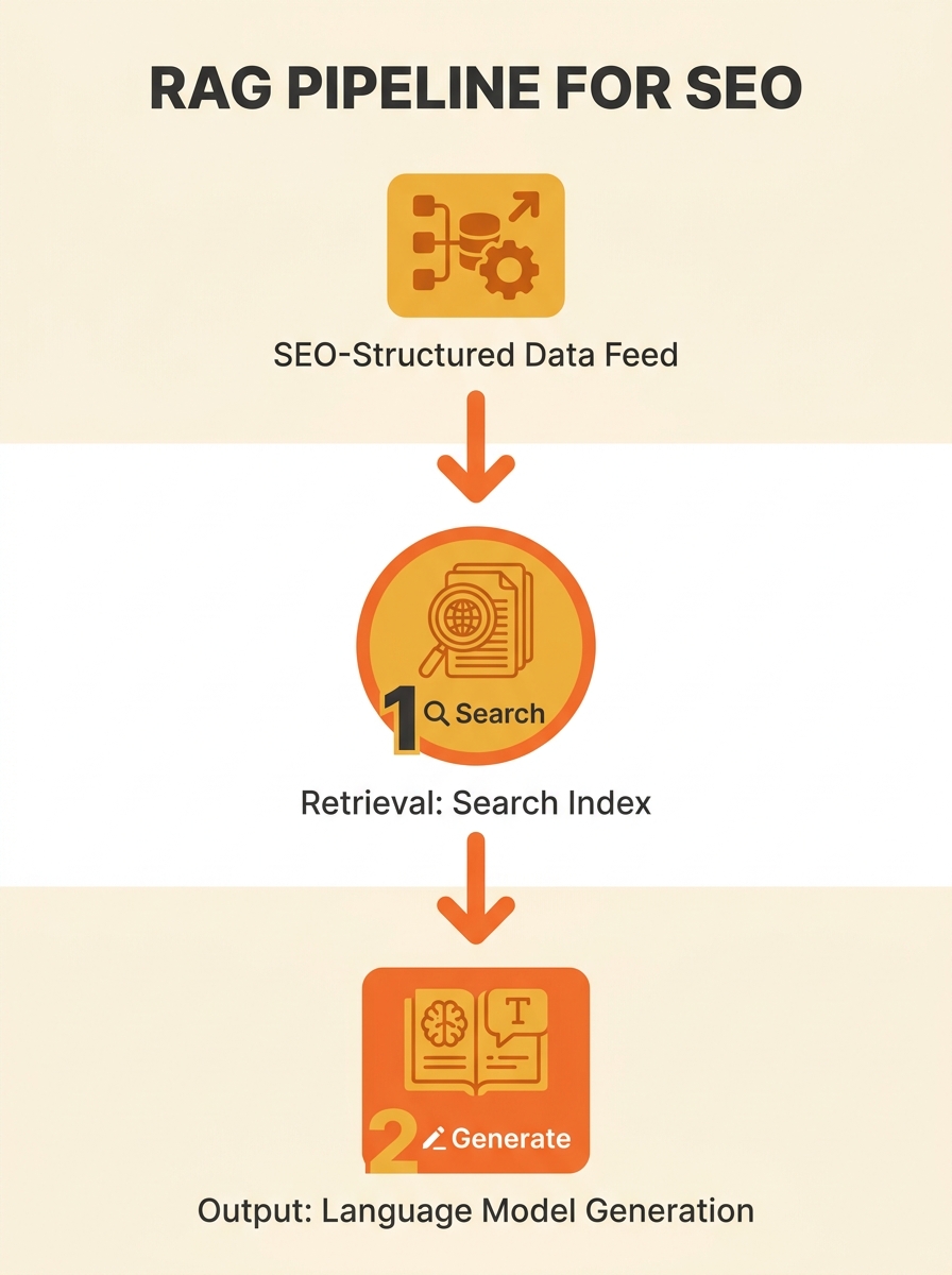 Diagram showing retrieval-augmented generation pipeline connecting search index to language model output, with SEO-structured data feeding the retrieval layer