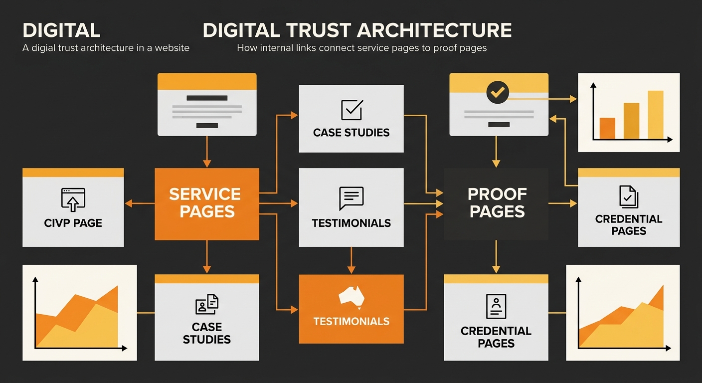 A diagram showing how internal links connect service pages to proof pages like case studies, testimonials, and credential pages, forming a trust architecture within a website
