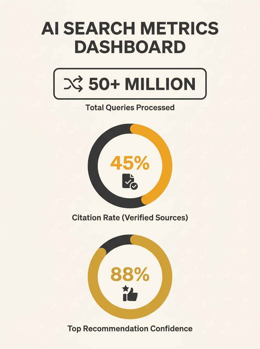 Dashboard showing AI search metrics with citation counts and recommendation percentages highlighted in contrasting colors