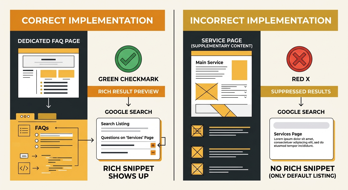 side-by-side comparison showing FAQ schema implementation — left side shows correct placement on a dedicated FAQ page with green checkmark and rich result preview, right side shows incorrect placement