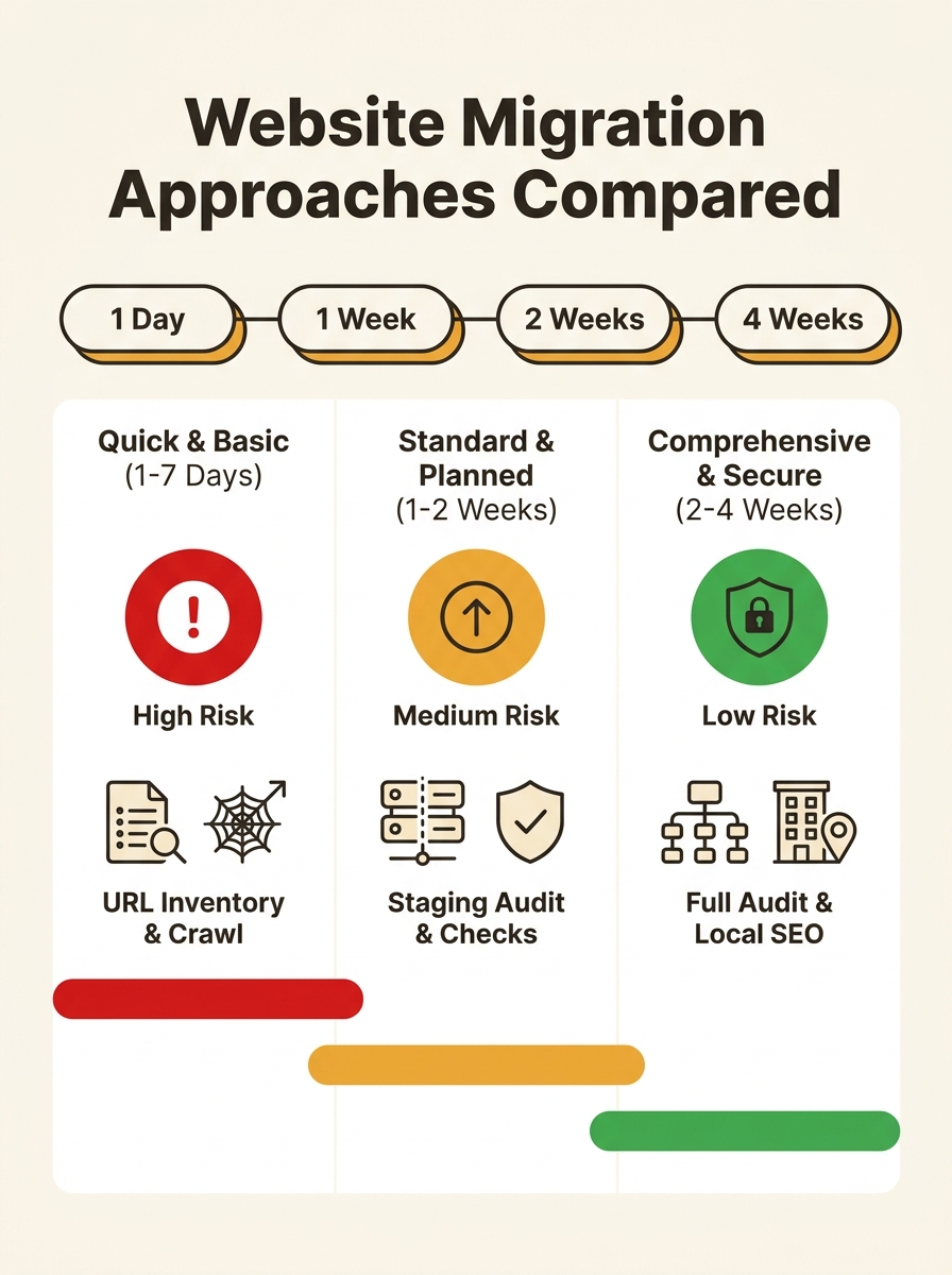 Infographic comparing three website migration approaches side by side, showing a horizontal timeline from 1 day to 4 weeks, with risk level indicators (red, amber, green) and icons for each audit comp