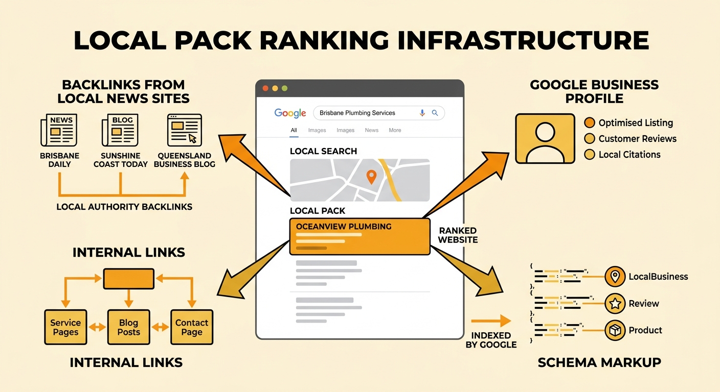 Diagram showing a website page ranked in Google's local pack with arrows connecting it to supporting elements like internal links, backlinks from local news sites, schema markup, and Google Business P