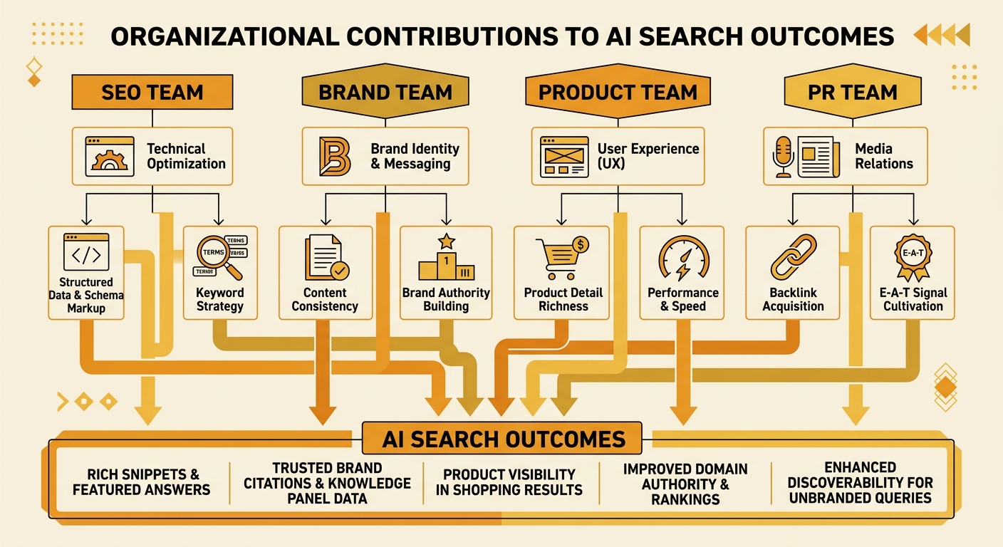 Organizational chart showing SEO, brand, product, and PR teams with highlighted connections to AI search outcomes