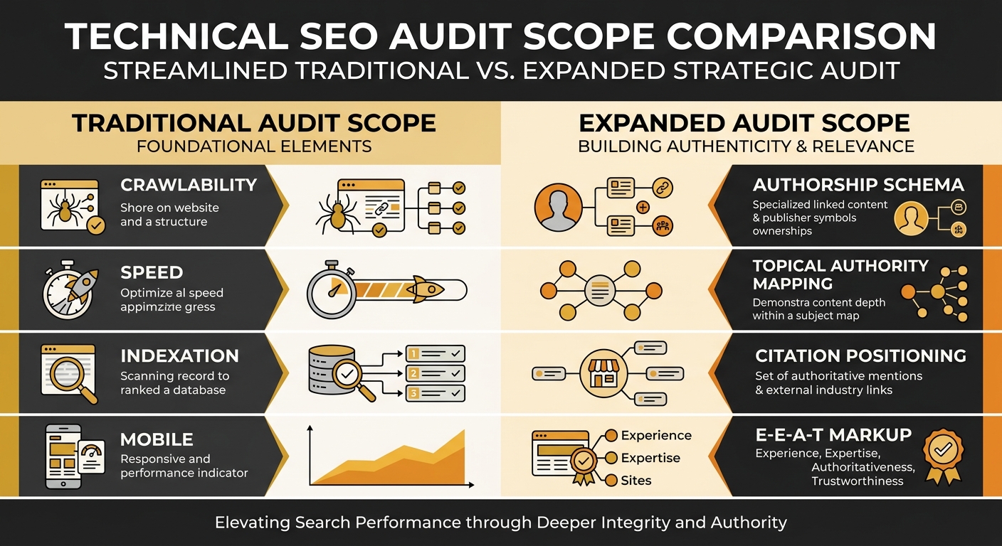 An infographic comparing a traditional technical SEO audit scope (crawlability, speed, indexation, mobile) versus an expanded audit scope adding trust signals (authorship schema, topical authority map