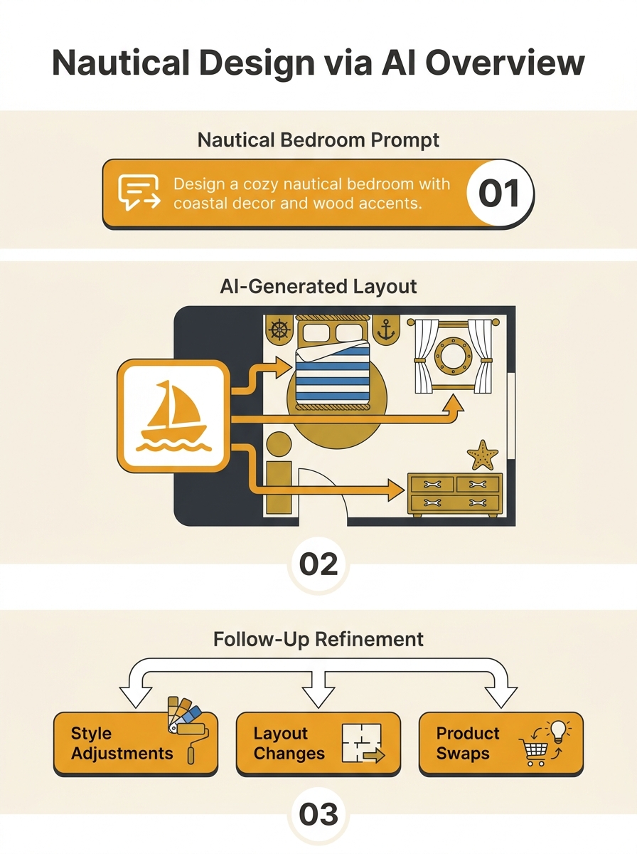 Google AI Overview generating a bedroom design from a text prompt showing nautical-style interior with follow-up refinement options