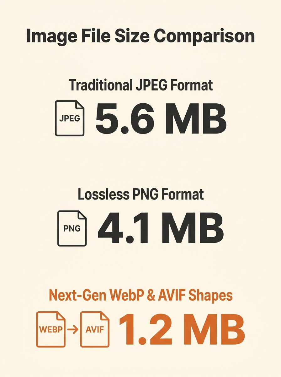 comparison chart showing file sizes across JPEG, PNG, WebP, and AVIF formats for the same image