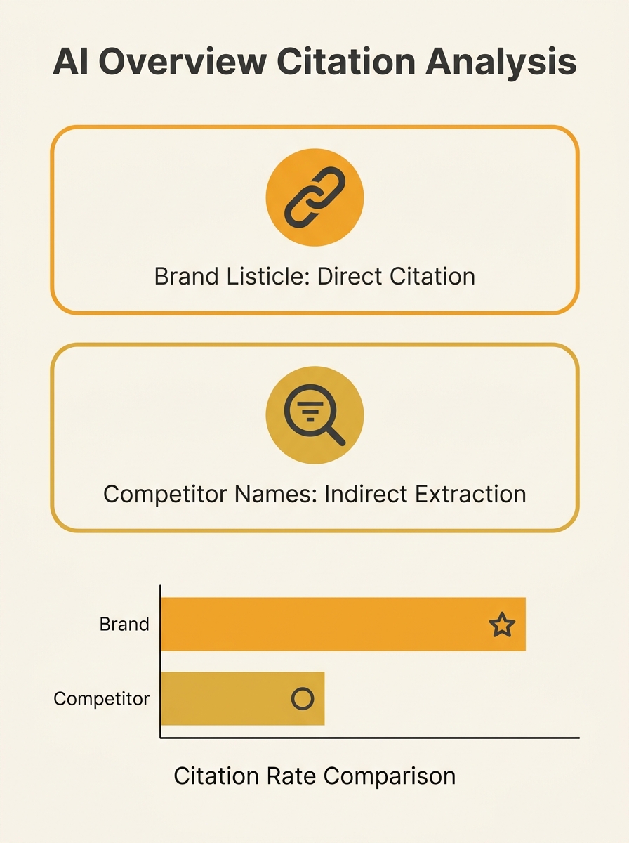 Screenshot comparison showing AI Overview citation of brand's listicle alongside competitor recommendations extracted from same page