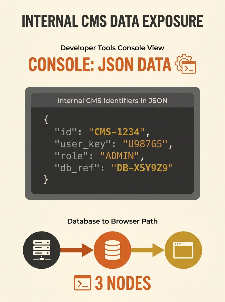 Screenshot of code showing internal CMS database identifiers in JSON format displayed in a browser developer console