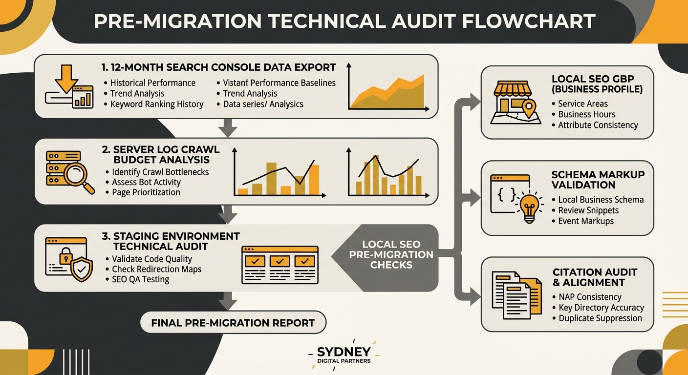 Flowchart showing the three components of a full pre-migration technical audit in sequence: 12-month Search Console data export, server log crawl budget analysis, and staging environment technical aud