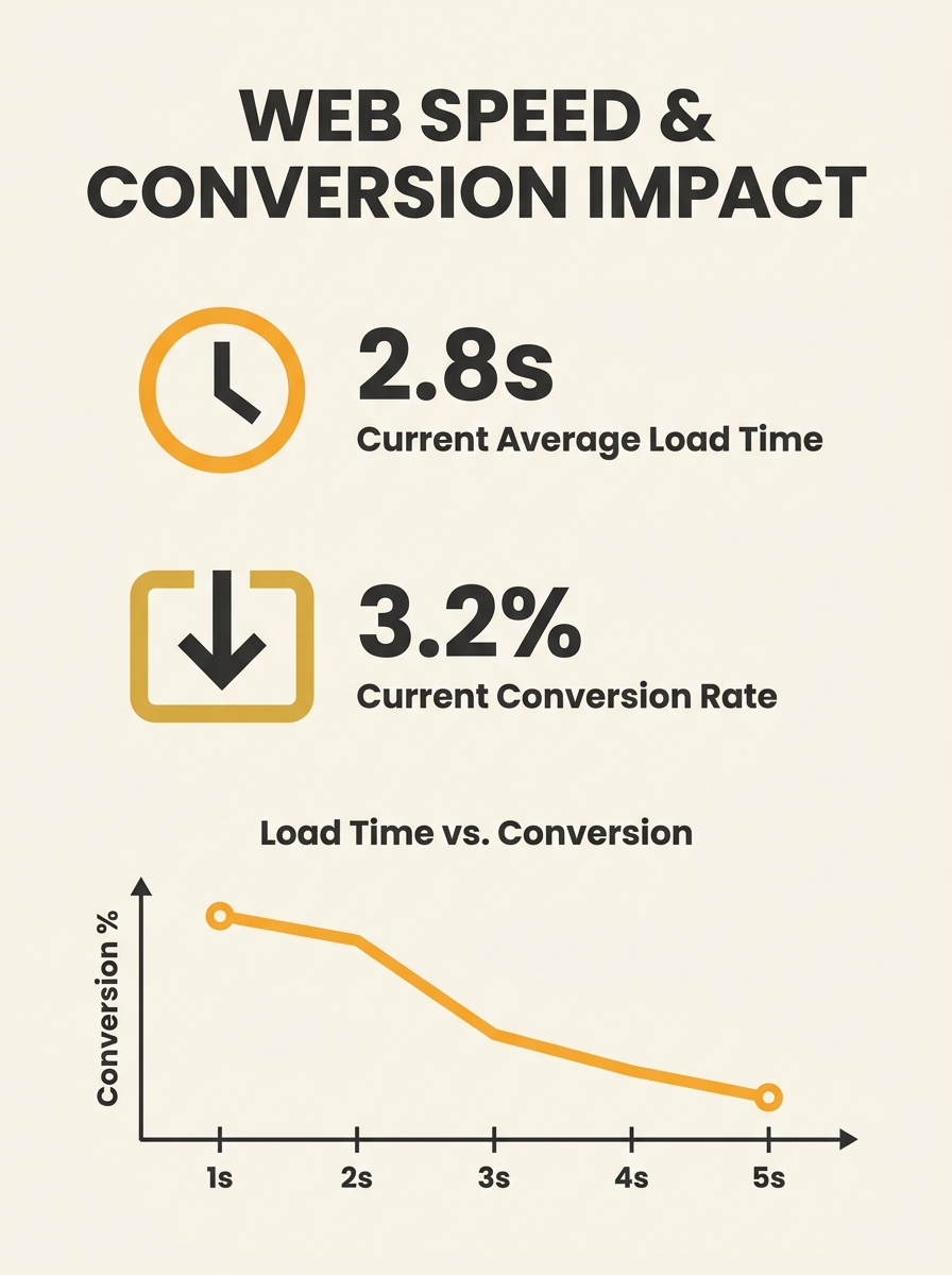 dashboard showing website speed metrics and conversion rate correlation graph with declining line from 1-second to 5-second load times