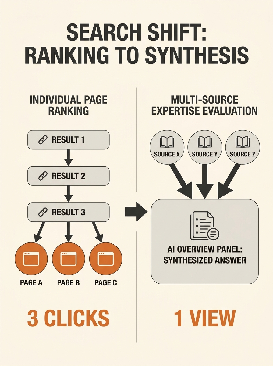 Split-screen comparison showing traditional search results list versus AI Overview synthesis panel, illustrating the shift from individual page ranking to multi-source expertise evaluation