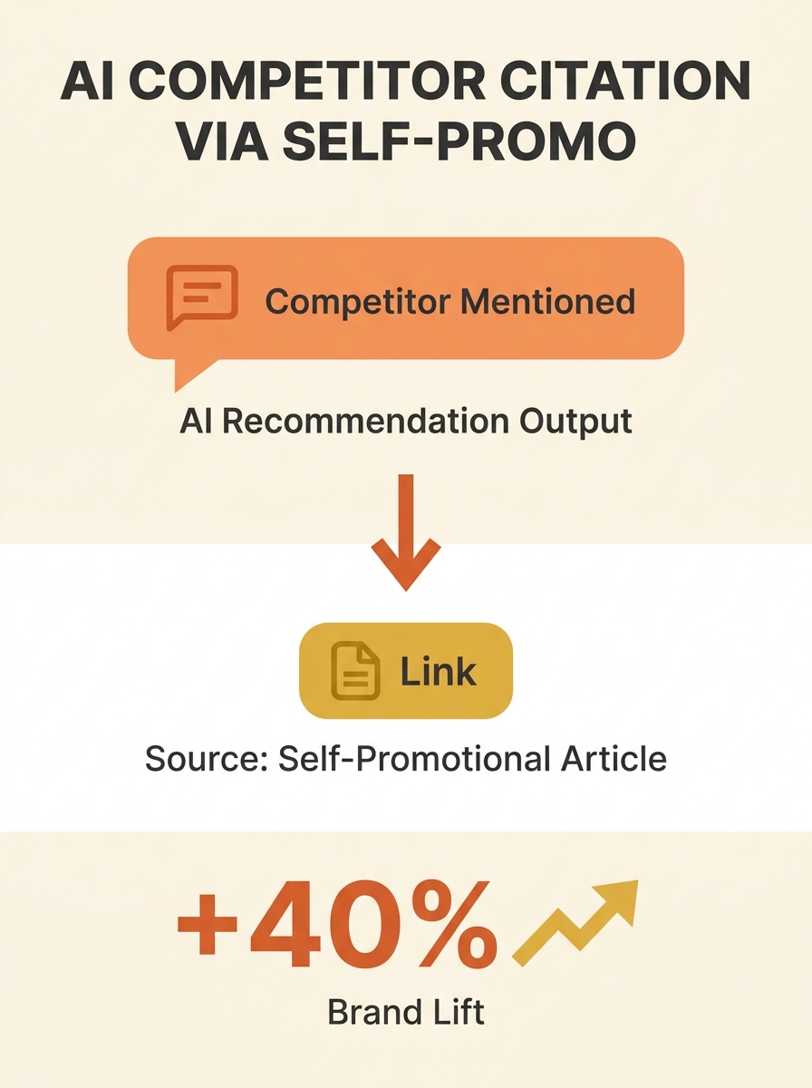 Screenshot showing AI recommendation citing competitor brand while using self-promotional article as source