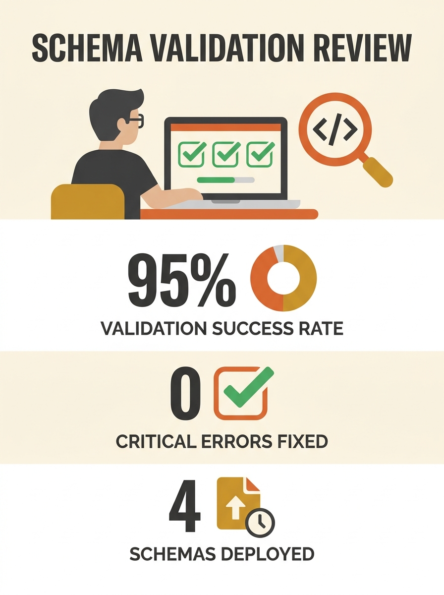 Developer reviewing schema markup validation results on laptop screen showing green checkmarks