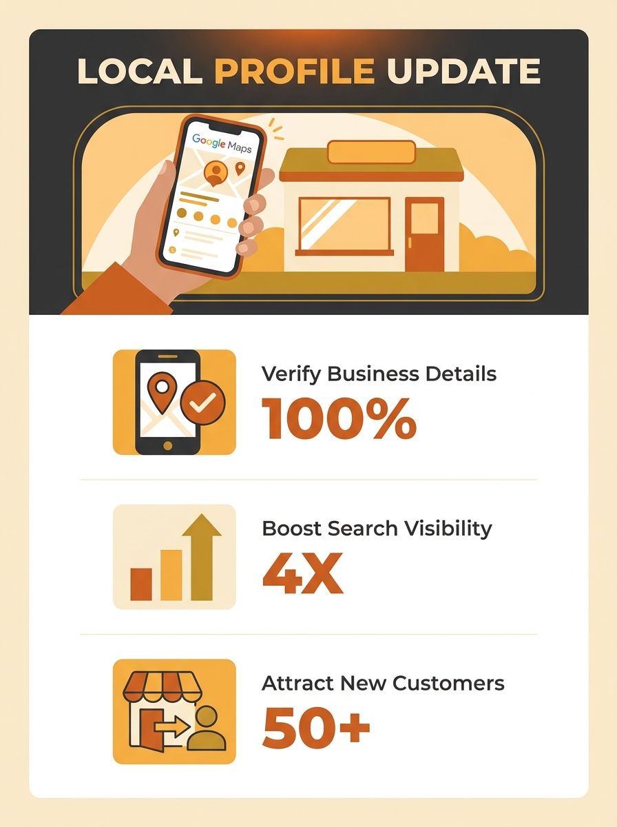 Local business owner updating Google Business Profile on smartphone with storefront visible in background