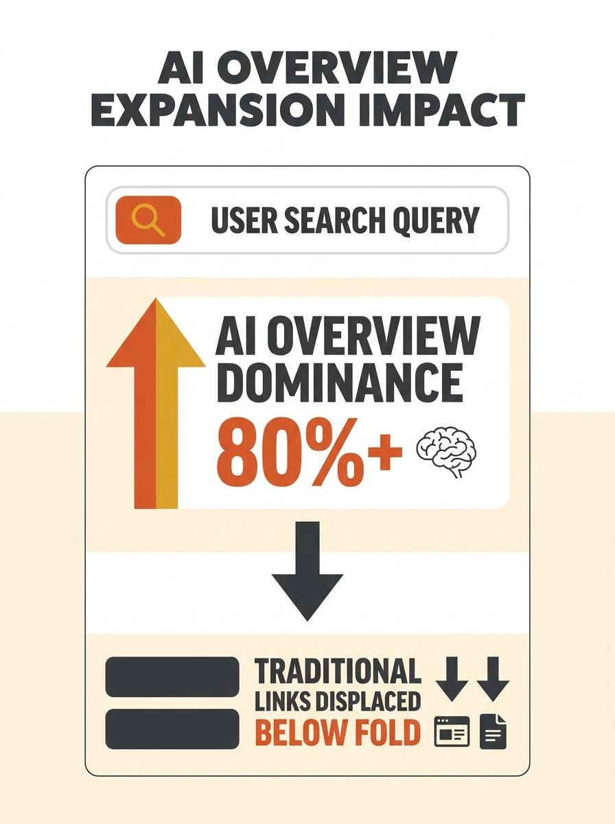 Screenshot showing Google search results with automatically expanded AI Overview pushing traditional links below the fold