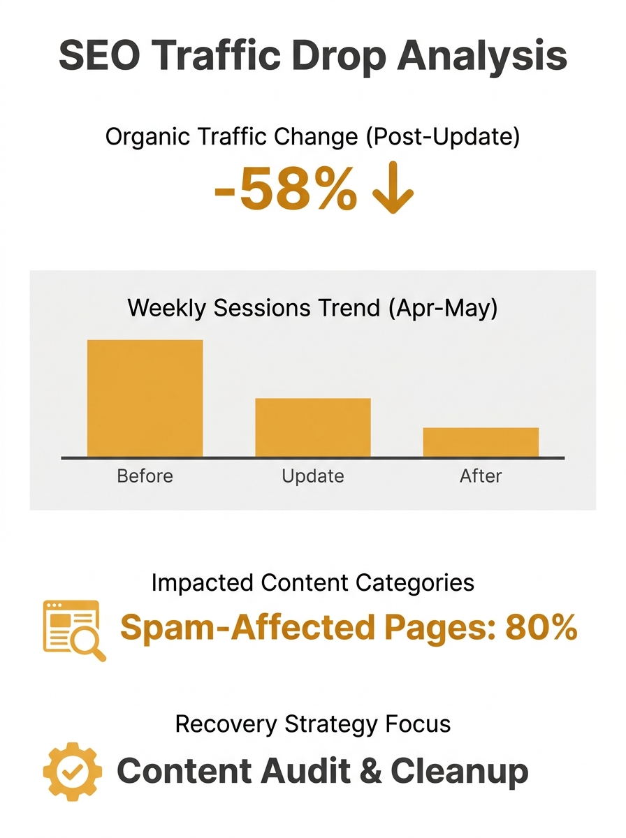 SEO professional reviewing website analytics dashboard showing traffic decline after Google spam update