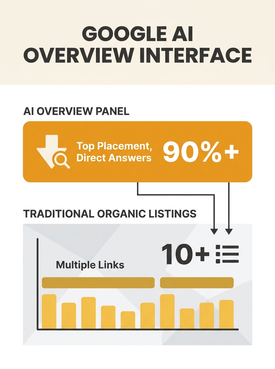 Google search results interface showing AI Overview panel above traditional organic listings
