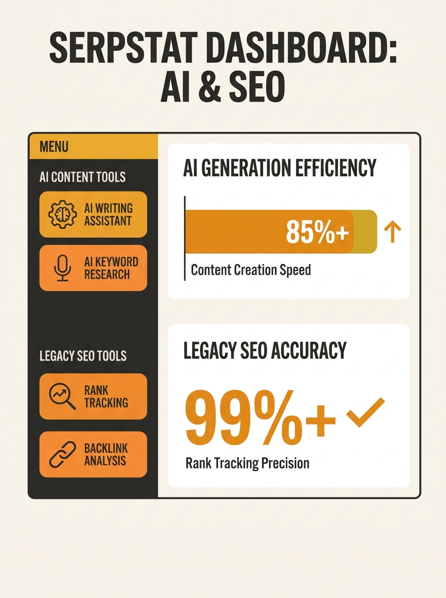 screenshot showing Serpstat dashboard interface with left sidebar navigation displaying new AI features and legacy SEO tools