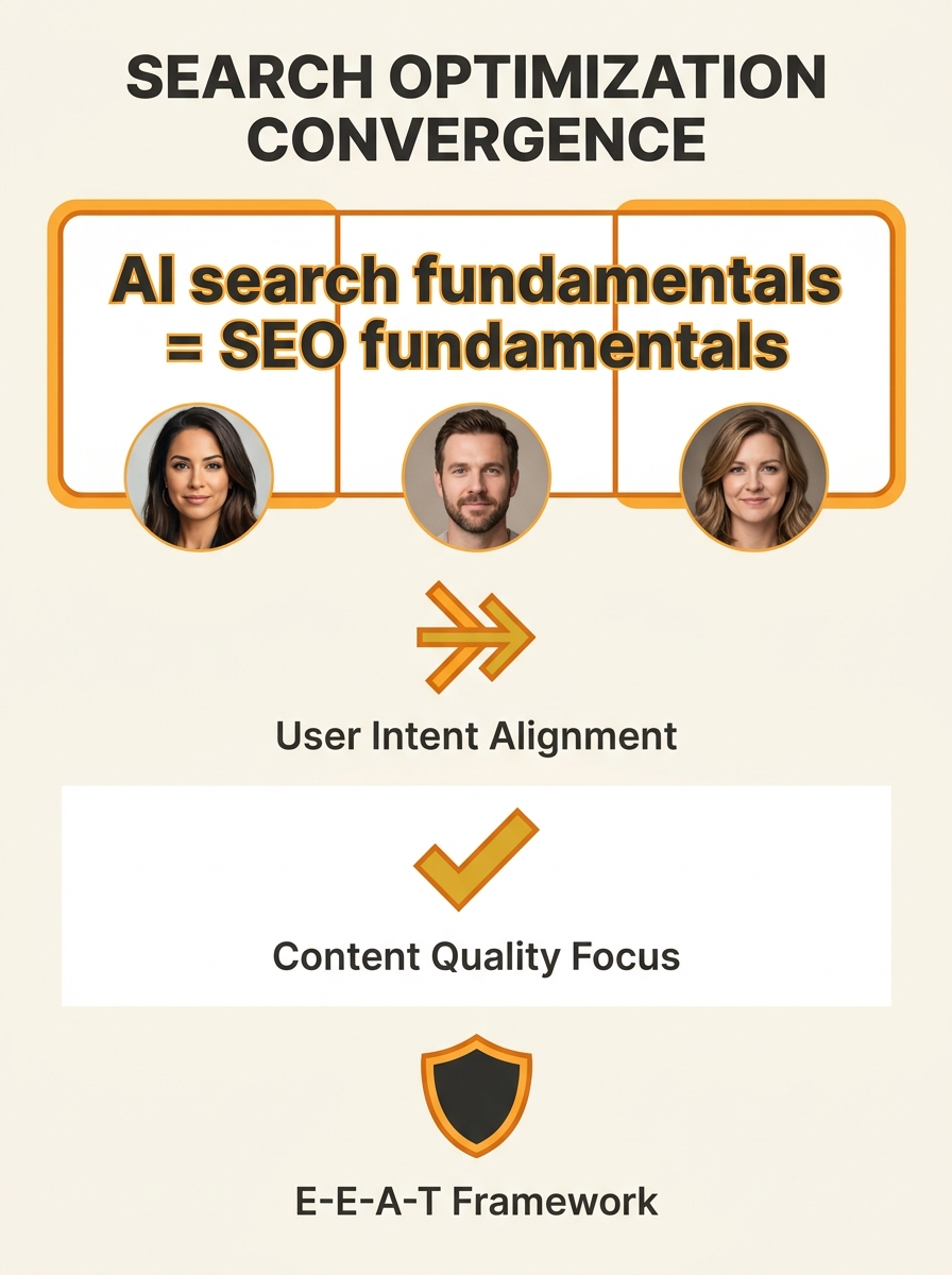 Three professional headshots arranged in a grid with overlay text reading "AI search fundamentals = SEO fundamentals", representing the convergence of practitioner views on search optimization strateg