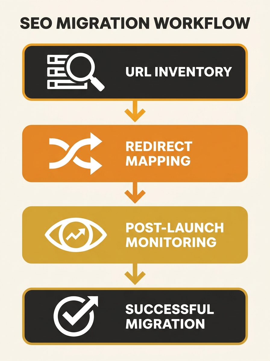 Technical diagram showing SEO migration workflow from URL inventory through redirect mapping to post-launch monitoring