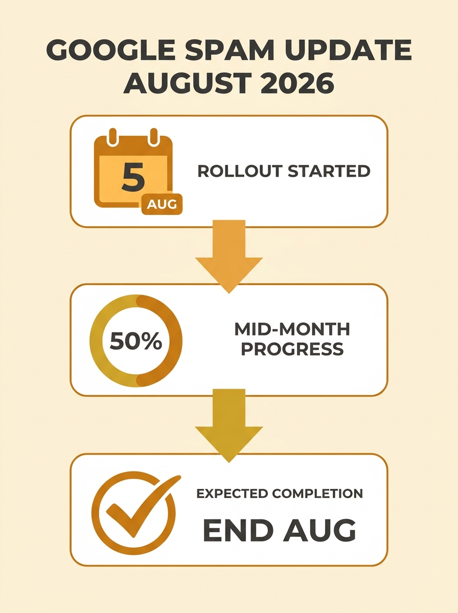 Google Search Status Dashboard showing August 2026 spam update rollout timeline