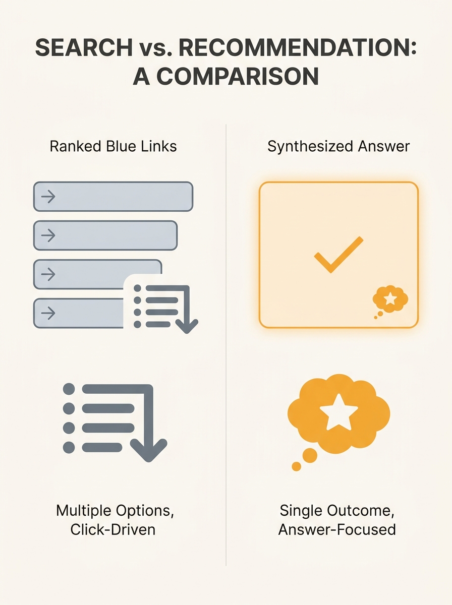 Split-screen comparison showing traditional search results with ranked blue links on left side versus AI-generated recommendation with synthesized answer and single brand mention on right side