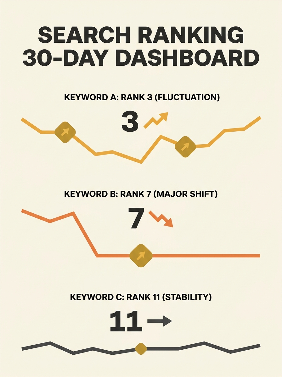 Dashboard showing search ranking fluctuations across multiple keywords over a 30-day period with algorithm update markers