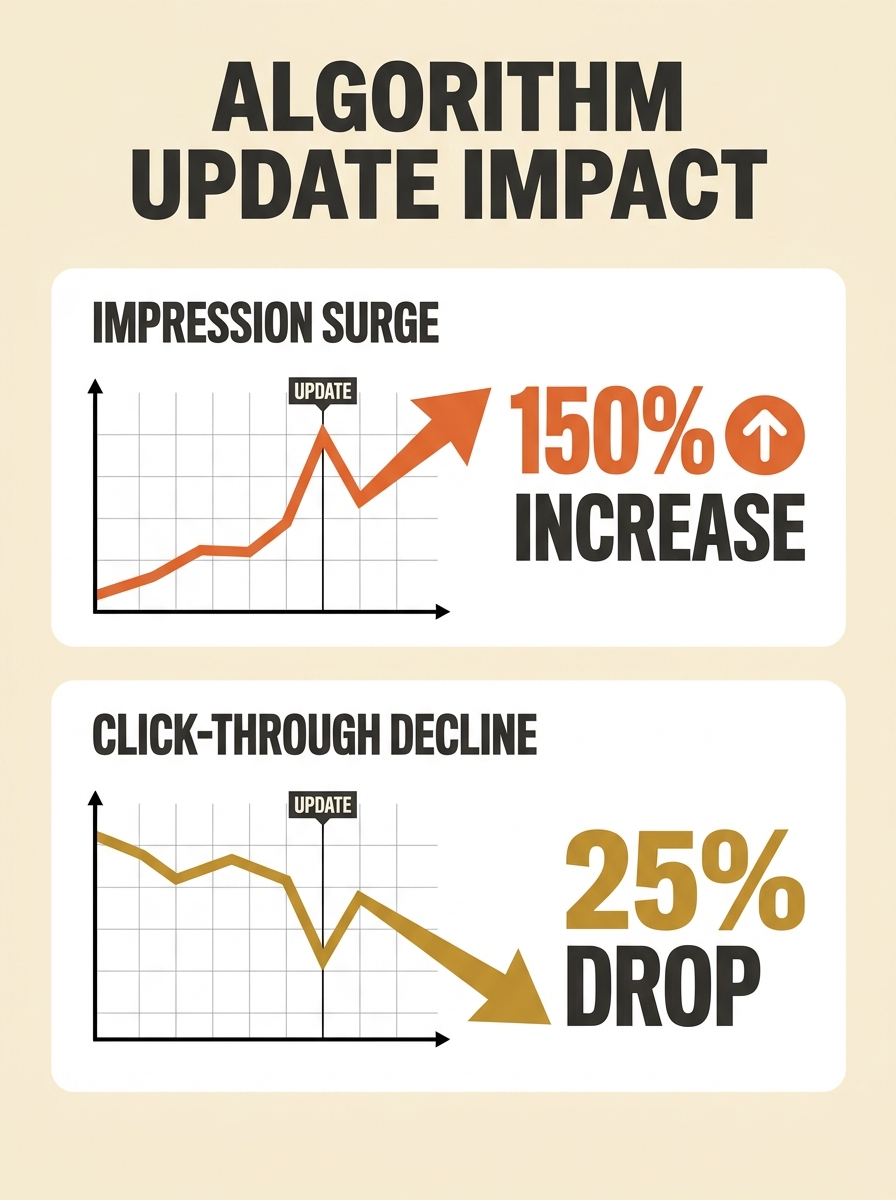 Split-screen comparison showing Search Console performance graphs with arrows pointing to impression versus click-through patterns during an algorithm update
