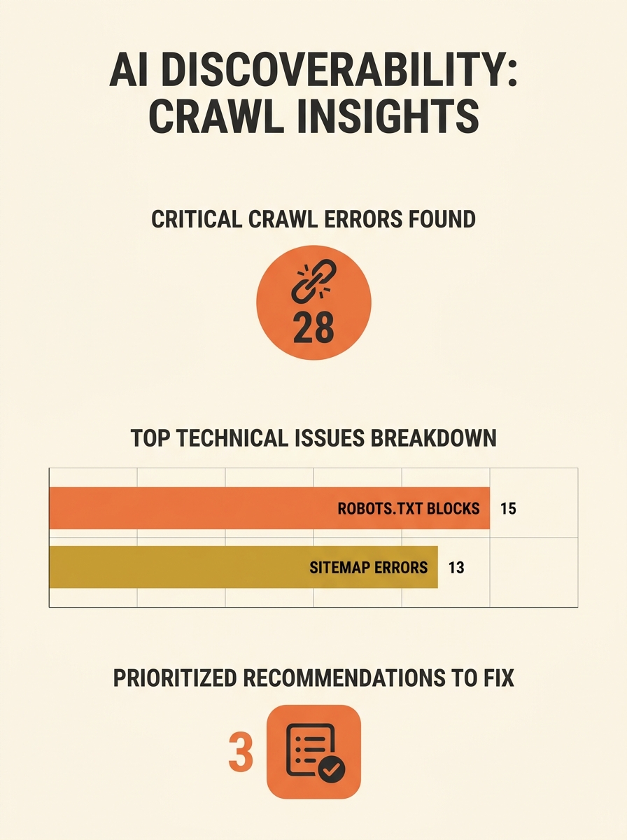 Screenshot showing Ahrefs Site Audit AI discoverability section with technical crawl errors and recommendations displayed in dashboard interface