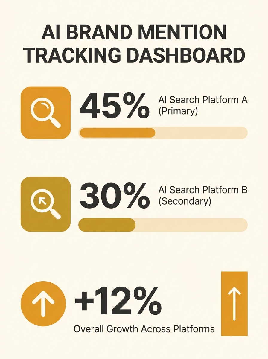 Dashboard showing brand mention tracking across multiple AI search platforms with percentage metrics